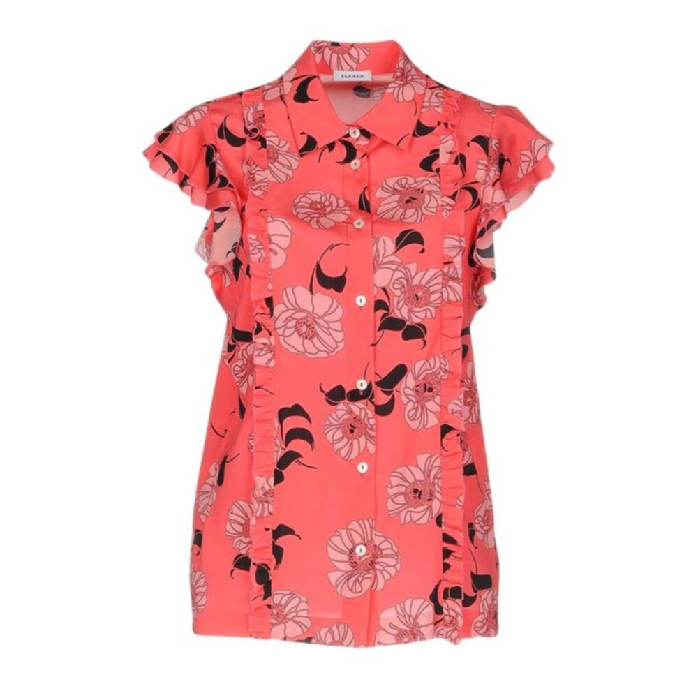 P.A.R.O.S.H. Womens Feminine Floral Pink Button Up Short Sleeve Silk Blouse Sz L